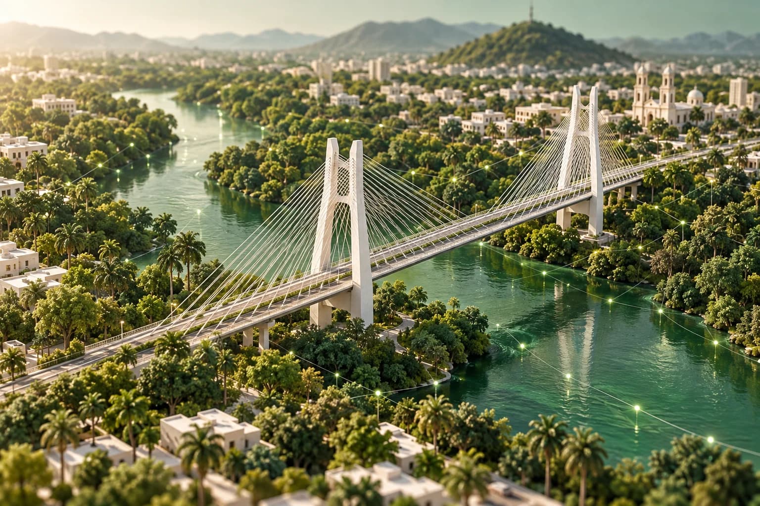 Ilustración conceptual creada con IA: un puente conecta una ciudad verde inspirada en Culiacán